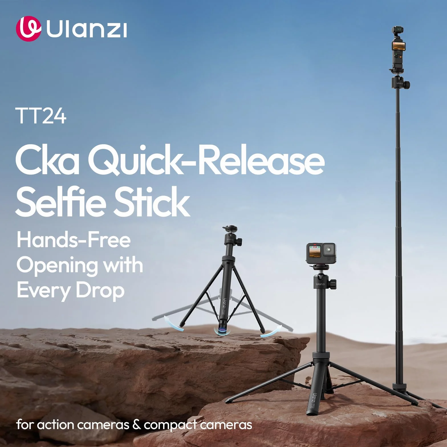 ULANZI TT24 Selfie stick treppiede 150 cm con 4 piedi, Apertura automatica, Cavalletto action cam a sgancio rapido CKA, Carico 1 kg, Compatibile con Insta360 ace pro X3 4 5, DJI Pocket Action, Go pro