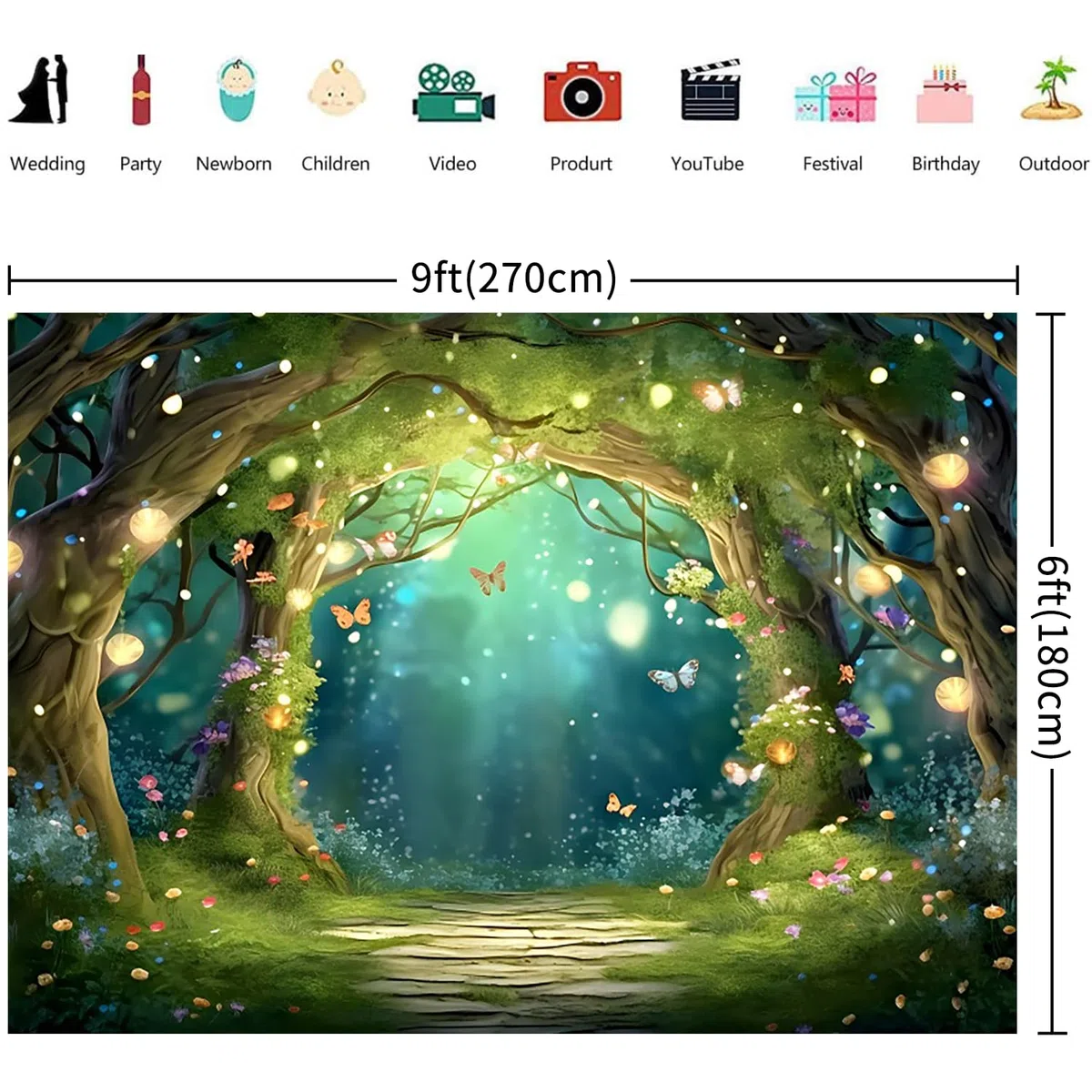 2.7x1.8m Sfondo foresta incantata Fantastico paese delle meraviglie bosco farfalla fiori albero sfondo fotografico principessa festa di compleanno neonato baby shower decorazioni