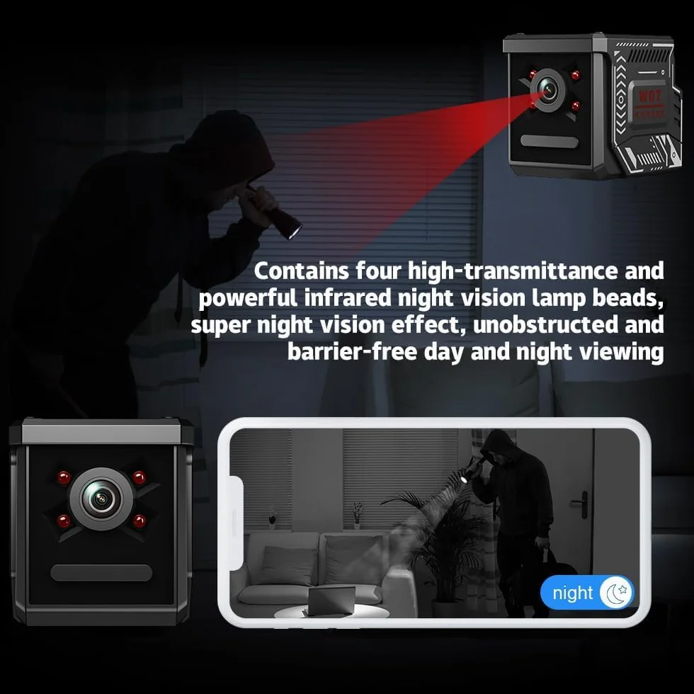 Mini Telecamera WiFi Interna 2K Videocamera Sorveglianza con Visione Notturna, 5 Ore Autonomia, Notifiche Movimento Istantanee, Registrazione Ciclica,Doppia Memoria SD/Cloud, Controllo Remoto Con App