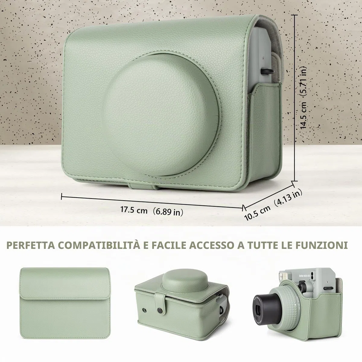 Custodia Protettiva in Pelle Compatibile con Fotocamera Istantanea Fujifilm Instax Wide 400, Custodia per Fotocamera Wide 400 con Tracolla - Verde Fresco