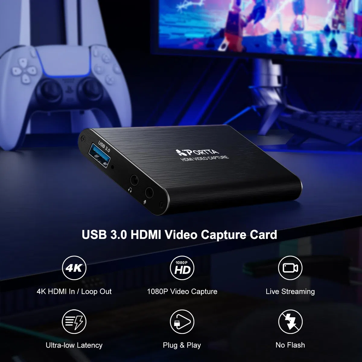 PORTTA Scheda di acquisizione video HDMI, streaming e registrazione in 1080P60 con latenza ultra bassa, ingresso/uscita loop HDMI 4K, USB 3.0 per PC compatibile con videocamera/PS4/PS5/OBS