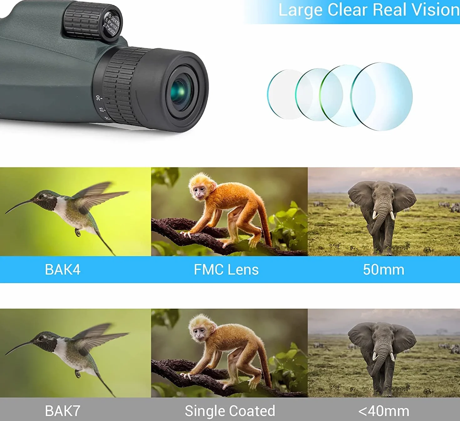 Telescopio Monoculare 10-30x50 HD, Czemo Professionale Monocoli Telescopio Zoom Impermeabile Monocular con Treppiede Supporto per phone, Prisma BAK-4 e FMC Canocchiale,per Bird Watching,Caccia