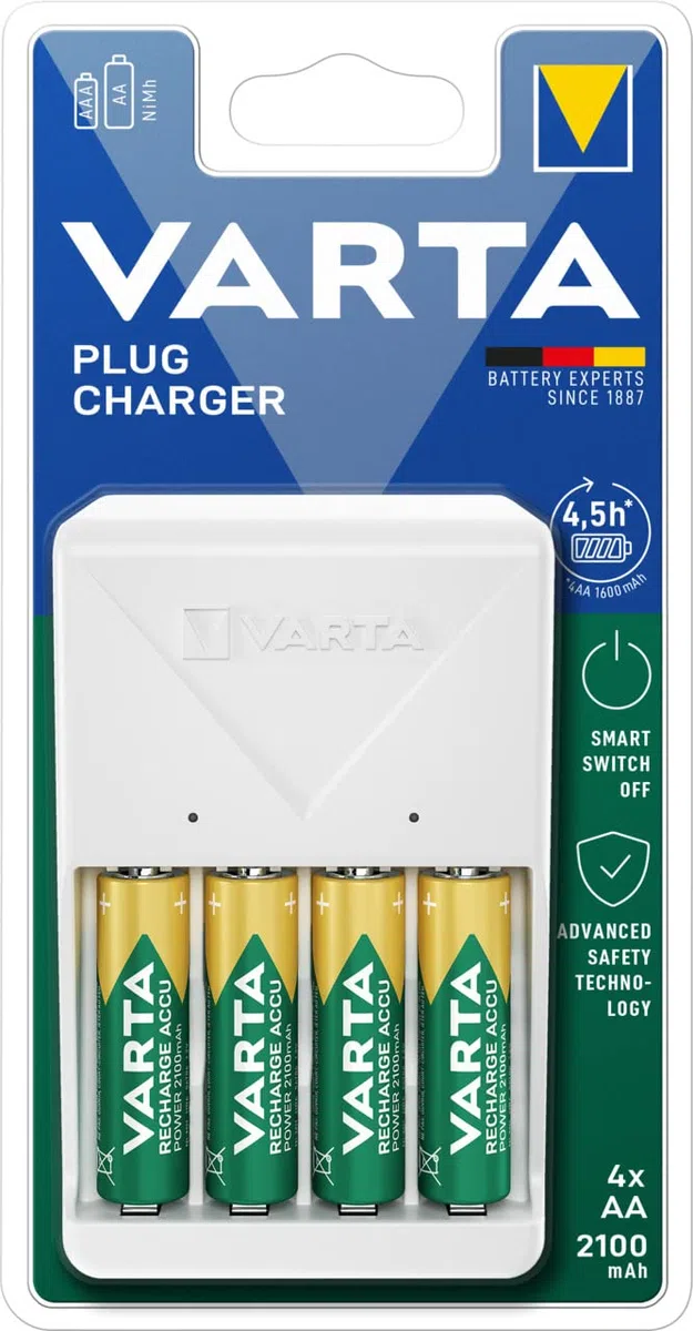 VARTA Caricabatterie, incl. 4X AA 2100mAh, caricatore per batterie ricaricabili, carica 2 o 4 AA/AAA contemporaneamente, Plug Charger