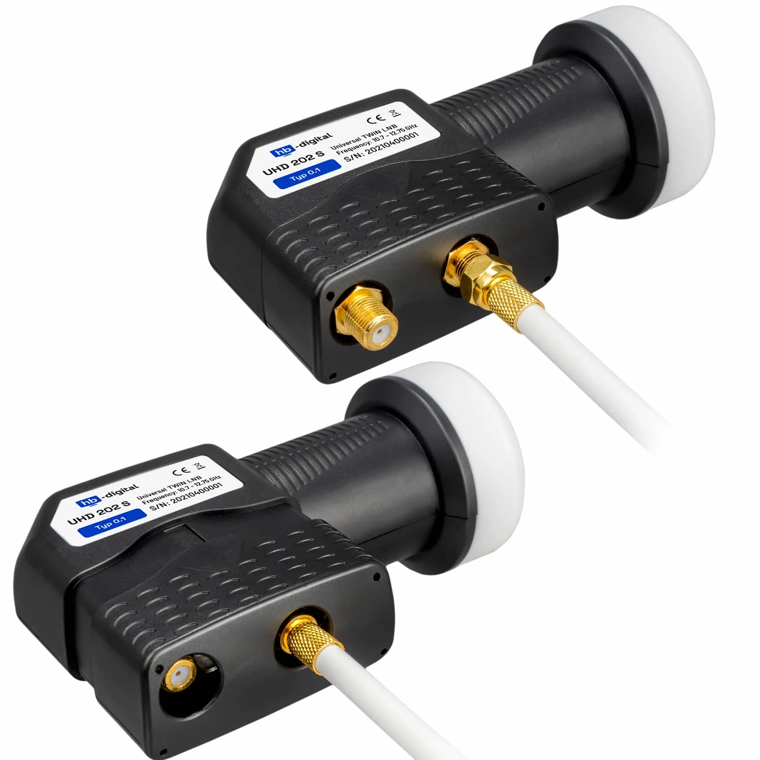 hb-digital Twin LNB - Test MOLTO BUONO* - per 2 utenti, filtro LTE, 2 uscite, Full HD 4K, 0,1 dB, con protezione dalle intemperie + 4 connettori F per TV, parabola satellitare - Nero