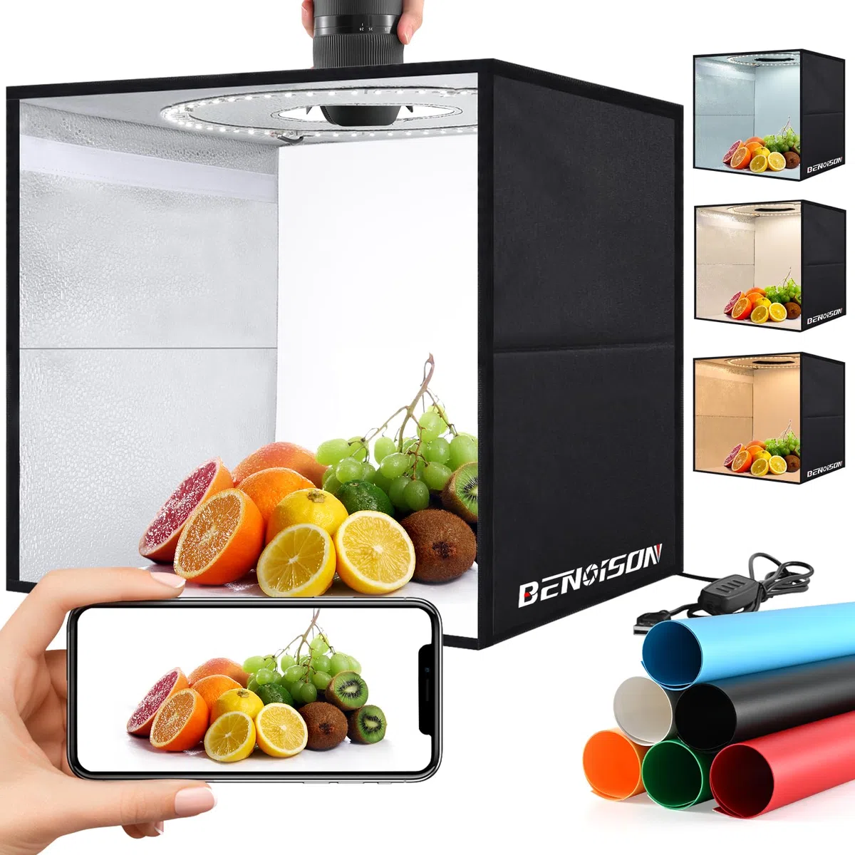 Light Box Fotografico 30x30 cm, Set Studio Fotografico Portatile con 120 LED Luci Regolabili, 6 Sfondi Lisci per Fotografare Prodotti Gioielli/Cosmetici/Alimentari