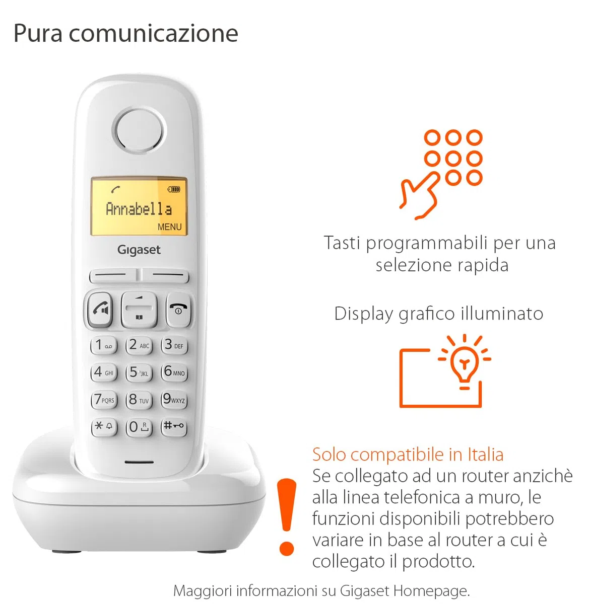 Gigaset A270 - Telefono Cordless con Vivavoce - Display Grafico Illuminato - Lunga durata delle batterie, Bianco [Versione Italiana]