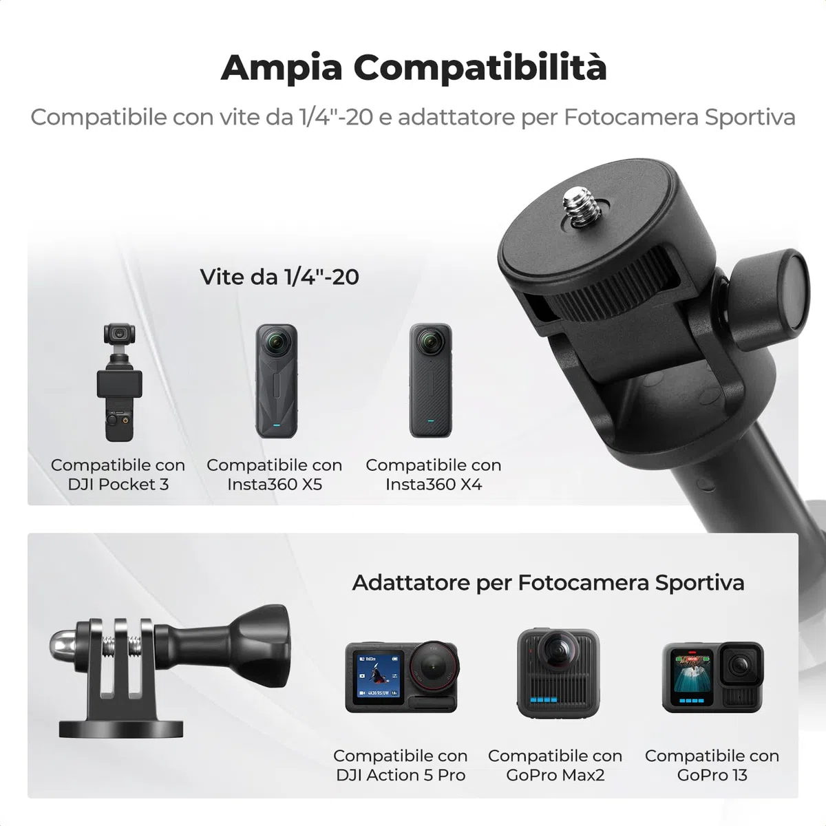 K&F CONCEPT Bastone Selfie 175cm, Treppiede per Smartphone con Telecomando e Vite da 1/4", 2-in-1 Tripod per Action Camera/DSLR, Compatibile con iphone 17, DJI Osmo Pocket 3/4, Insta360 X5, Gopro