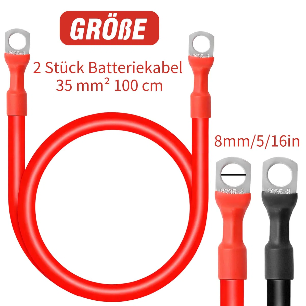 2 cavi batteria 35 mm² 100 cm, 12 V cavo batteria con capicorda ad anello M8, adatto per auto, moto, applicazioni solari e marine
