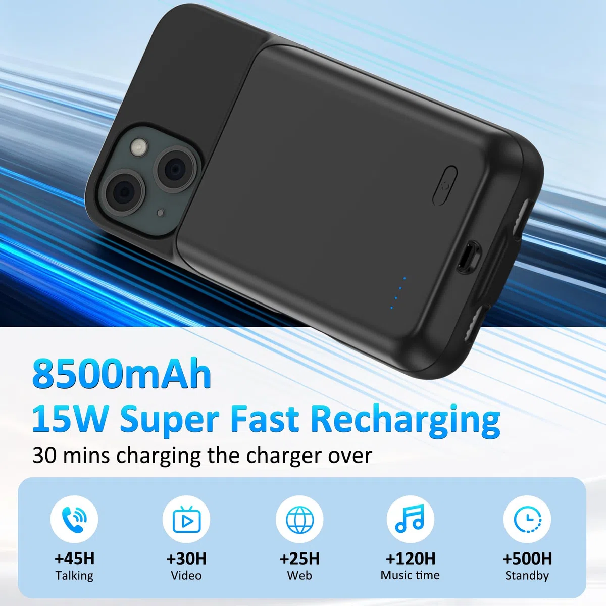 Custodia Batteria per iPhone 15(6.1"),8500mAh 15W Ultra Sottile Cover Batteria Ricaricabile Caricabatterie Power Bank per iPhone 15