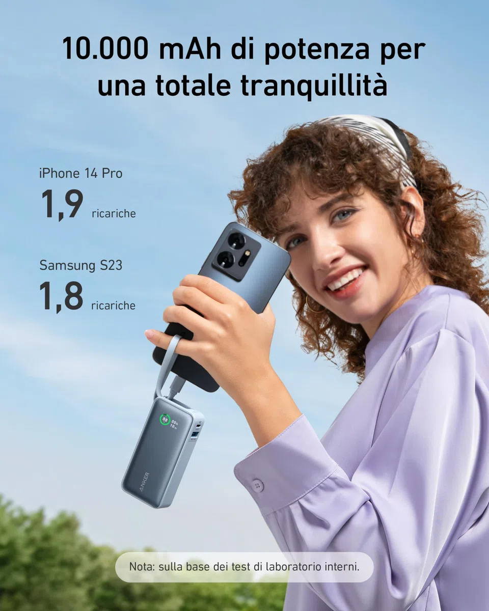 Anker Nano Power Bank Ricarica Rapida, 10000 mAh, con Cavo USB-C Integrato, PD 30 W, Potenza Massima con 1 USB C 1 USB-A, Compatibile con iPhone 17 pro max/16, MacBook, Samsung, iPad e Molto Altro