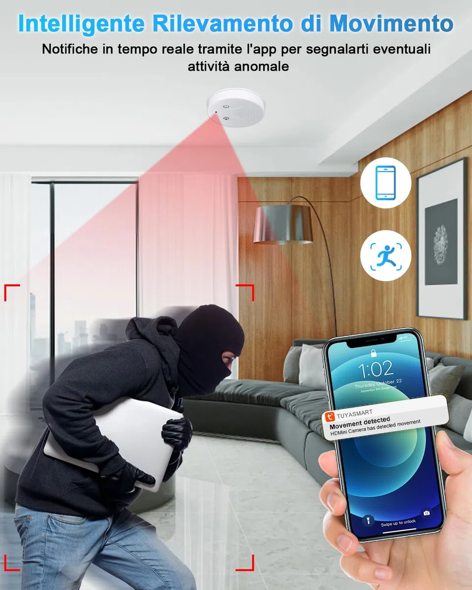 Telecamera Nascosta Spia WiFi 5G, Microcamere Spia Senza Fili, 1080P Mini Spy Cam Visione Notturna Rilevamento di Movimento, Tuya Videocamera Sorveglianza per Casa e Ufficio