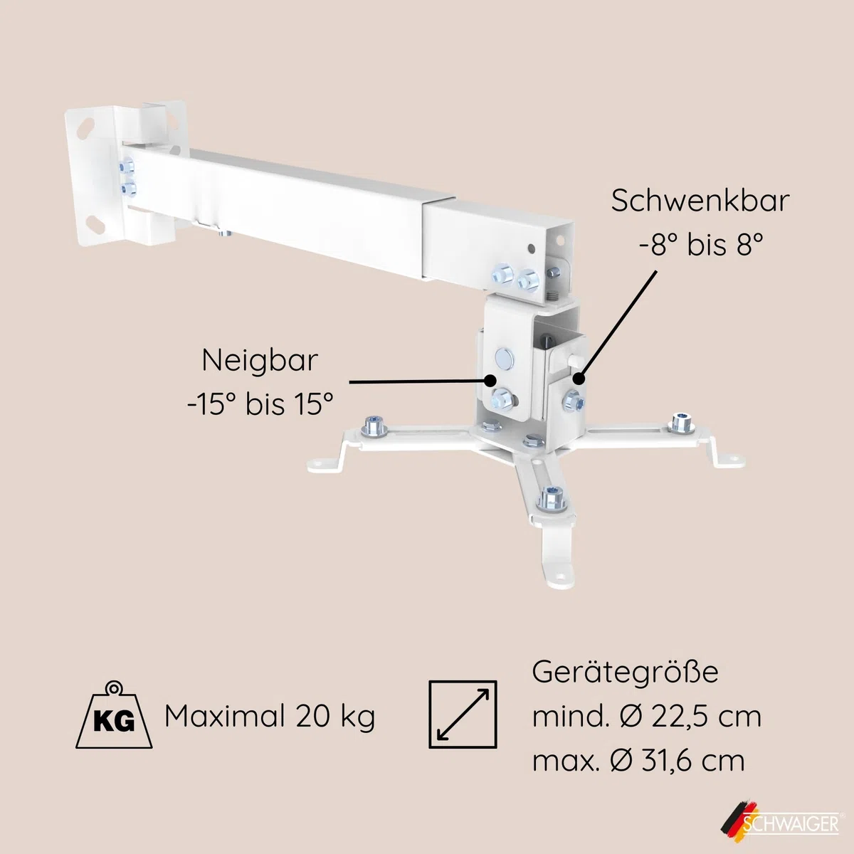 SCHWAIGER 9468 Supporto per proiettore Supporto per proiettore a parete Supporto per soffitto Supporto universale girevole max. 20 kg bianco