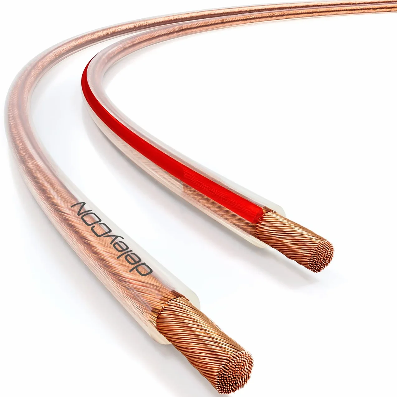deleyCON 10m Cavo Altoparlante 2x 2,5 mm² - Puro Rame - OFC Speaker Cable Cavo - Audio Box Cavo per Altoparlanti HiFi & Surround - Marcatura Della Polarità - Trasparente