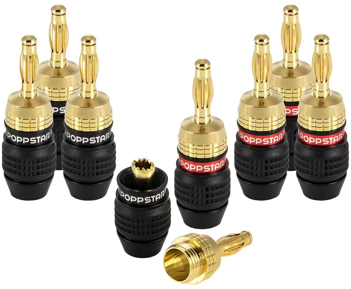 POPPSTAR 8 connettori a banana high end (schermati), banane per cavi di potenza (fino a 6 mm²), altoparlante, ricevitore AV, placcato oro 24k (4x nero, 4x rosso)