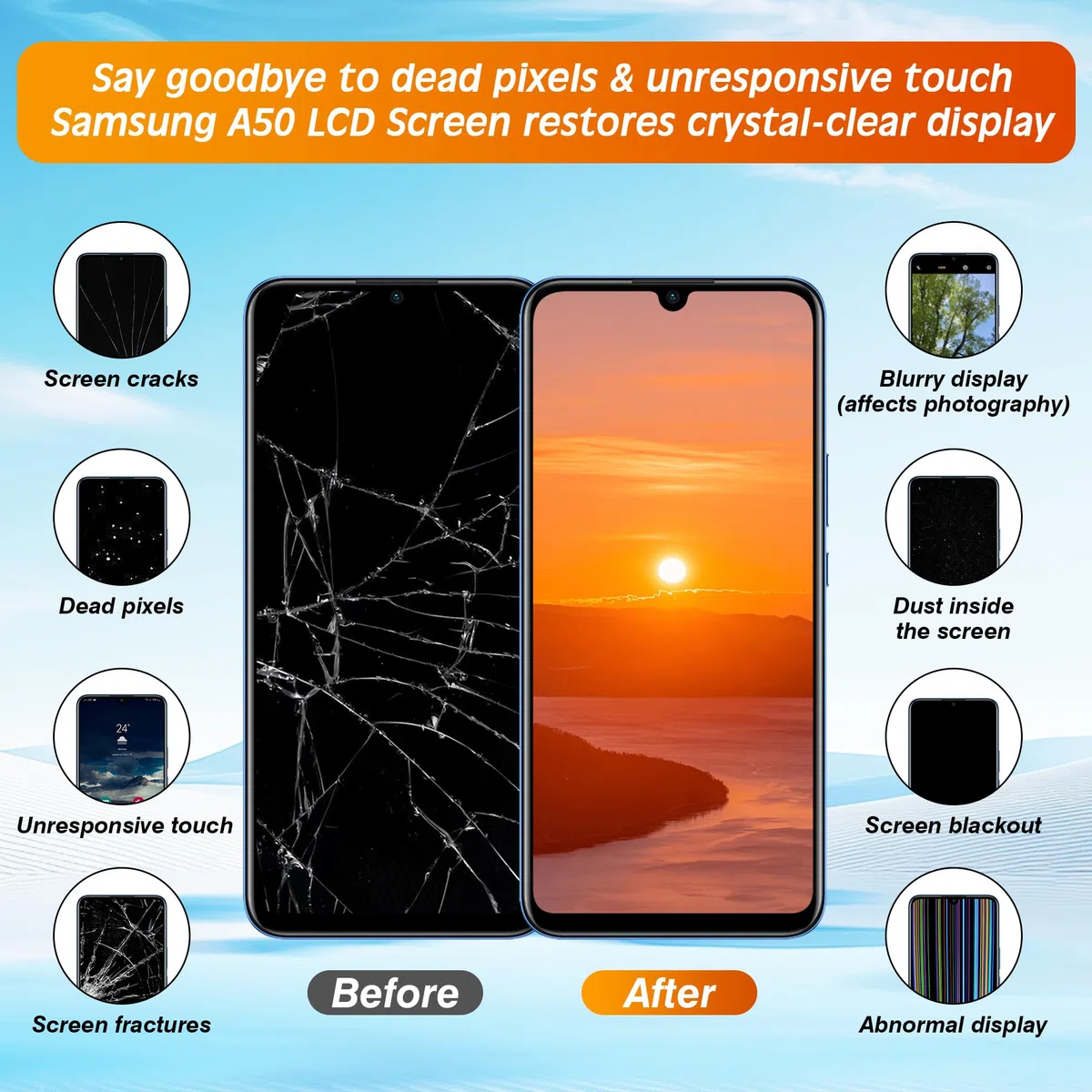 Sostituzione Schermo per Samsung Galaxy A50, con Telaio A505F A505FN A505W A505U A505U1, Assieme digitalizzatore Display LCD con Strumenti di Riparazione