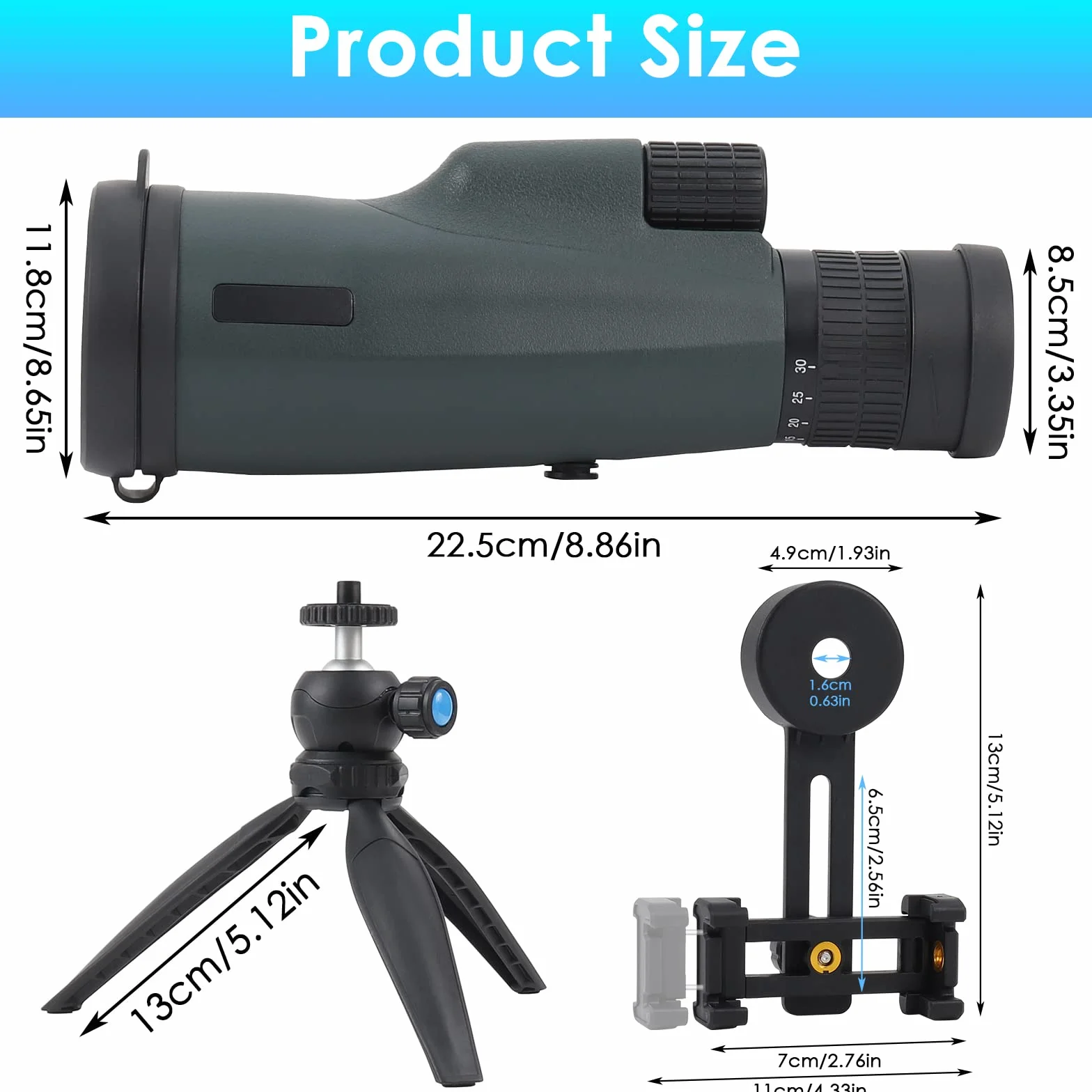 Telescopio Monoculare 10-30x50 HD, Czemo Professionale Monocoli Telescopio Zoom Impermeabile Monocular con Treppiede Supporto per phone, Prisma BAK-4 e FMC Canocchiale,per Bird Watching,Caccia