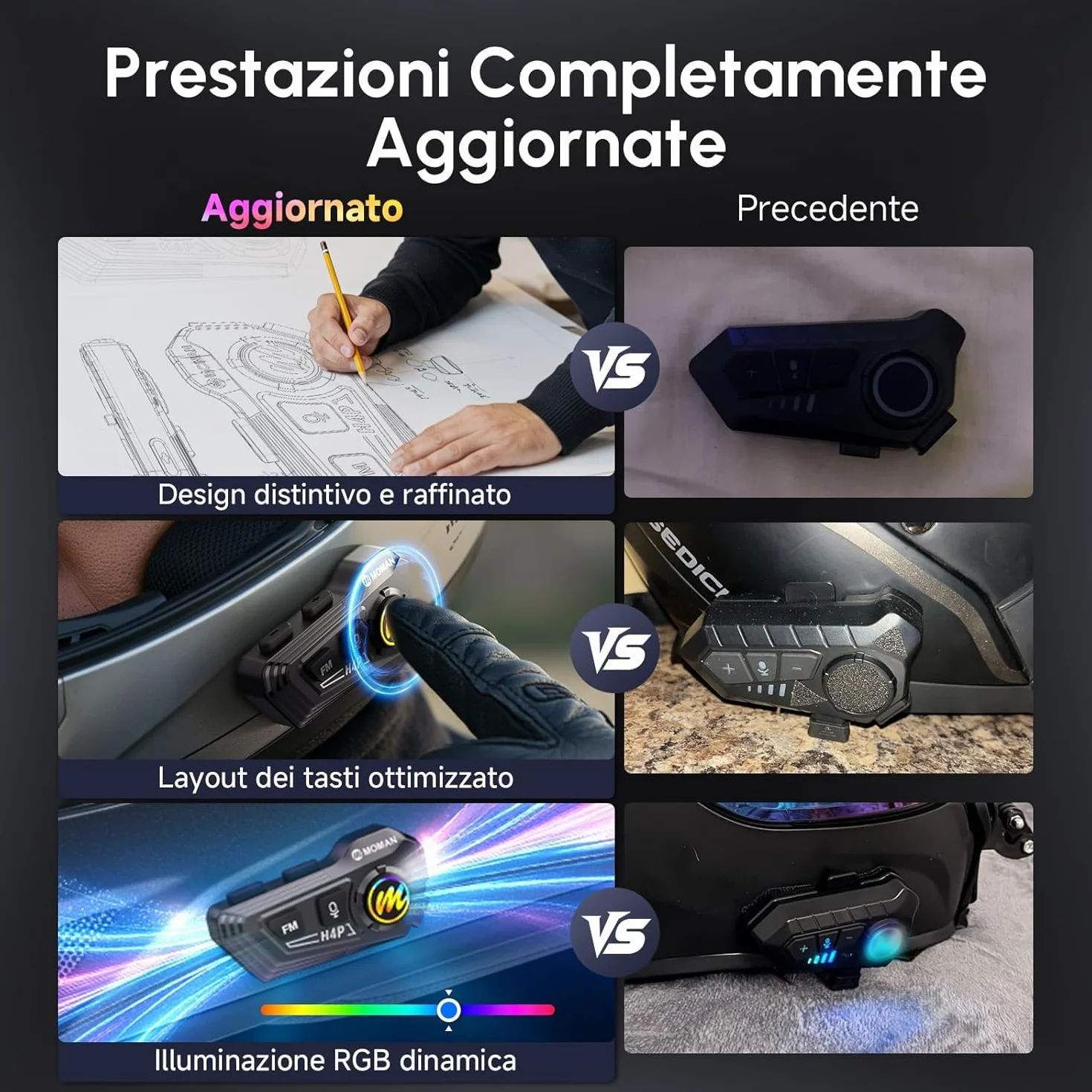 Moman Cuffie per casco da moto, BT5.1, con altoparlanti Hi-Fi, doppia riduzione del rumore, RGB/FM/vivavoce/AI vocale, cuffie per pilota singolo (nero H4P)