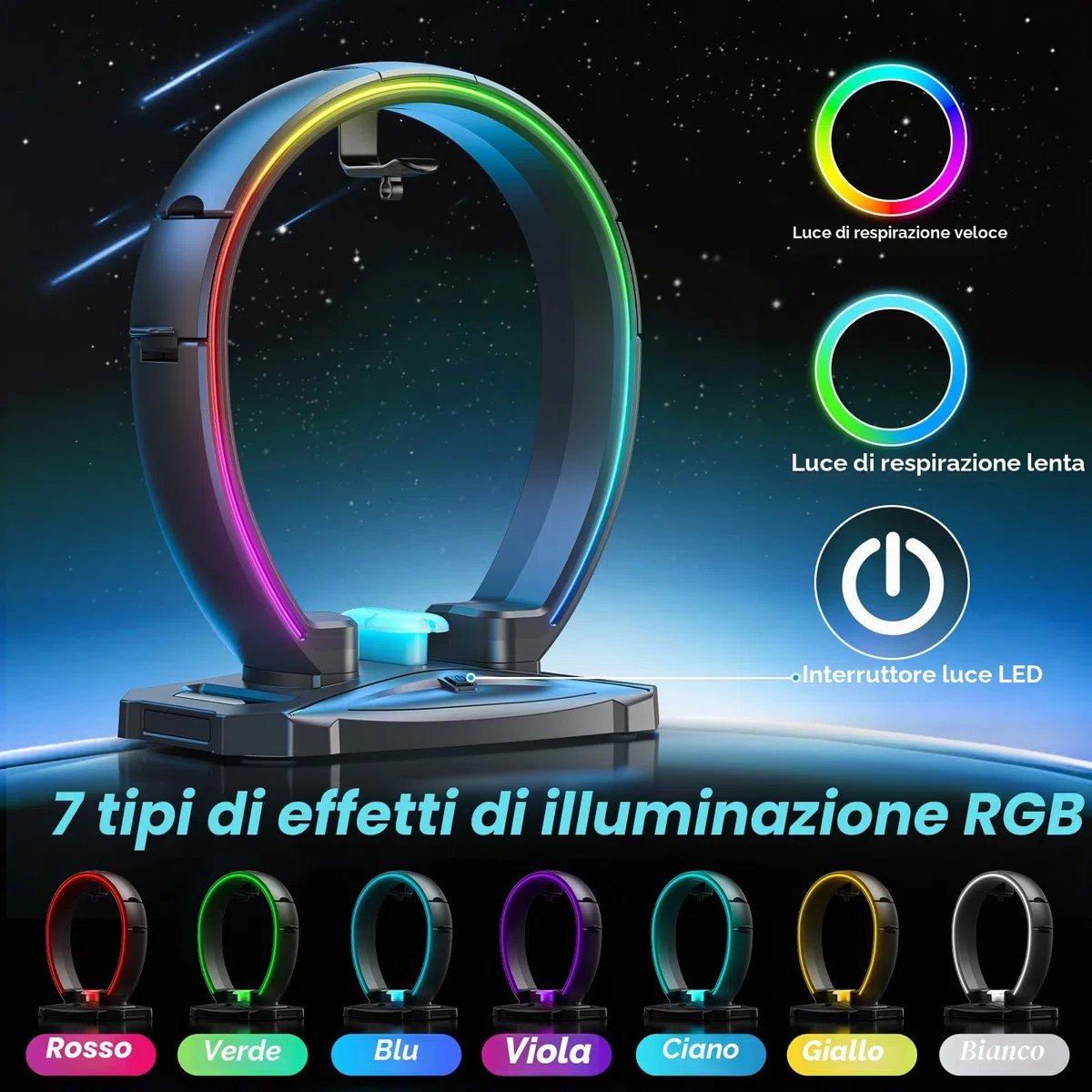 KDD Supporto Cuffie & Controller con 9 Modalità di Illuminazione - Supporto Controller Pieghevole per Scrivania - Porta Cuffie con Organizer per Cavi - Accessori da Scrivania per Giocatori