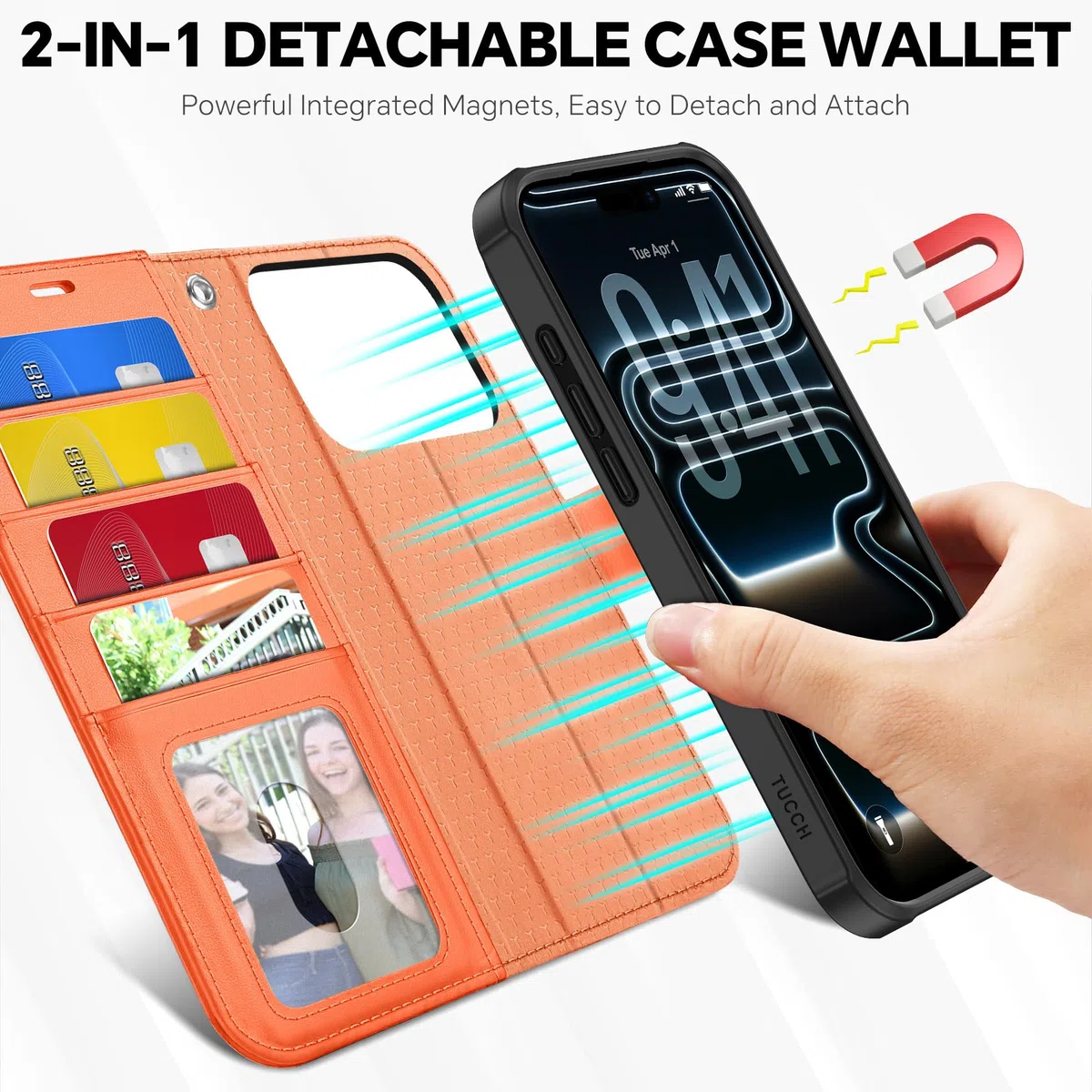 TUCCH Cover 2 in 1 per iPhone 17 Pro 6,3-pollici 5G 2025 [Blocco RFID] | Custodia Pelle PU Antiurto Portafoglio [Slot Schede] Cinturino Rimovibile Flip Cover Cavalletto Magnetica, Arancione Cosmico
