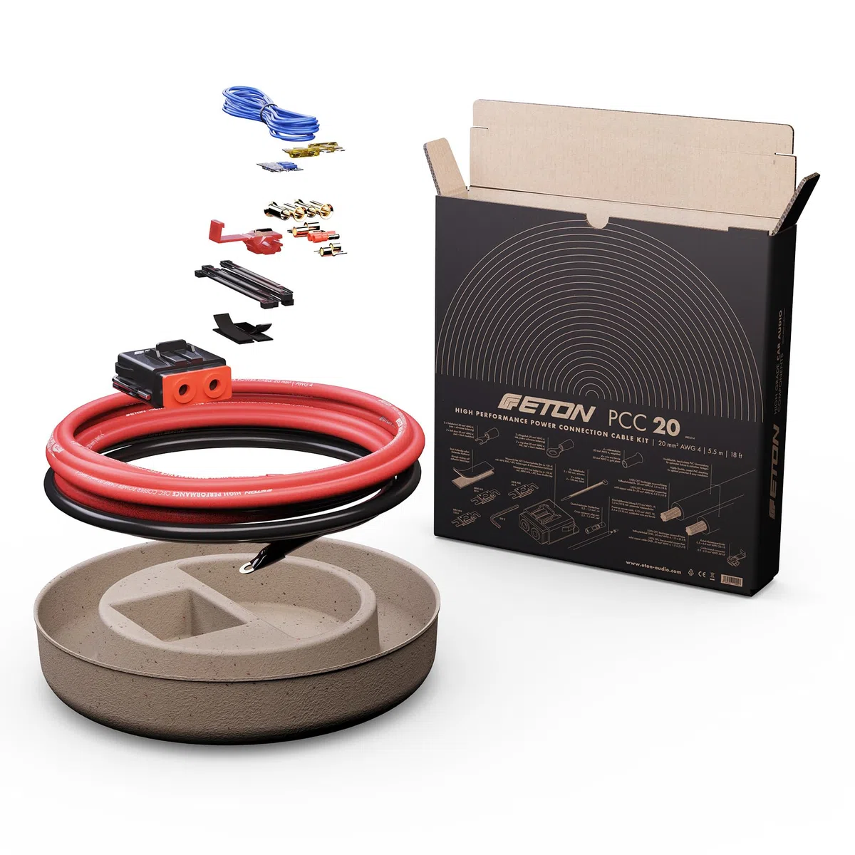 ETON PCC 20 - Set di cavi di collegamento di alimentazione di alta qualità, 20 mm², set per l'installazione di amplificatori auto e subwoofer attivi, kit cavi powerk con fusibili per amplificatori