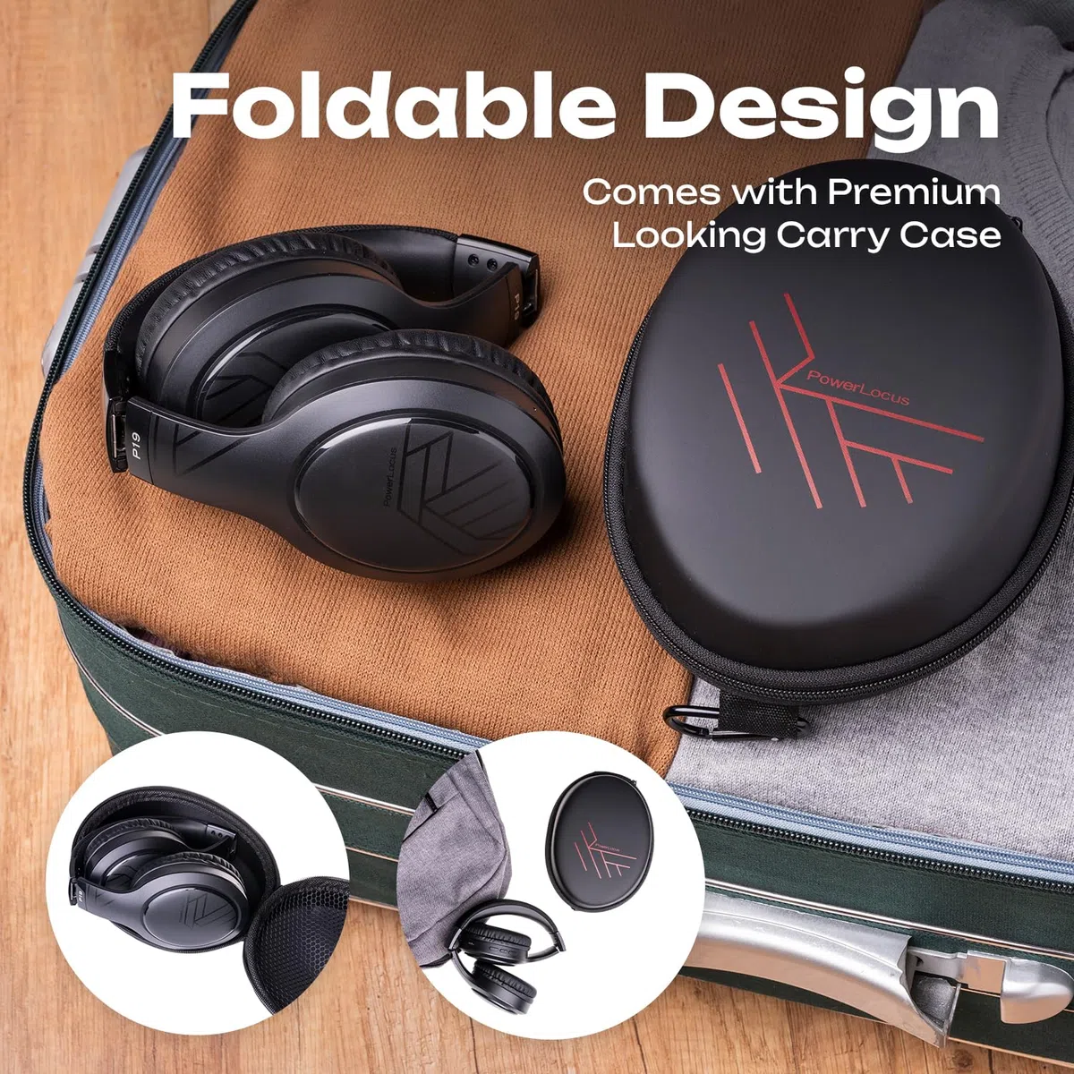 PowerLocus Cuffie Bluetooth, Cuffie Over-Ear con 60 ore di riproduzione, 3 - modalità di EQ, Cuffie Wireless Pieghevoli, Cuffie con Microfono, Hi-Fi Bassi Profondi per Viaggio/Android/Corso Online