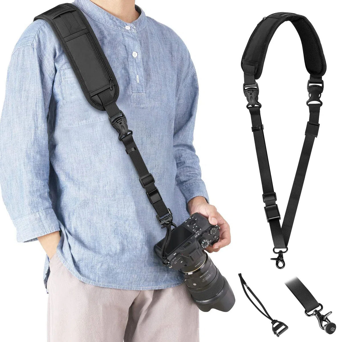 Tracolla Macchina Fotografica, Sgancio Rapido Regolabile Reflex Nylon con Corda di Sicurezza e Vite, Cinghia Fotocamera per DSLR SLR, Fino a 10 kg (Nero)