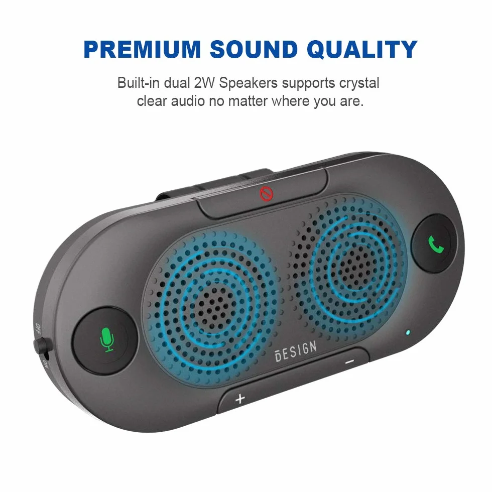 Besign BK06 Kit Vivavoce Bluetooth per Auto, per Chiamate Viva voce, GPS e Musica, Supporto per aletta Parasole, Auto Accensione, con altoparlante potente da 2 X 2W, Connettività Dual Link