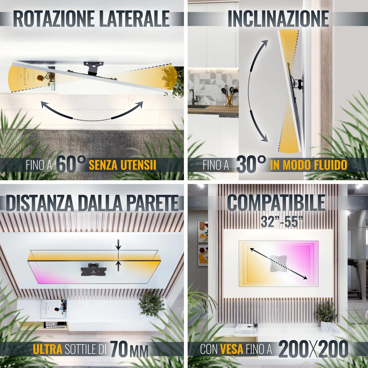 RICOO R12 Supporto TV da parete Staffa TV 32-55 pollici per 32 55 pollici girevole inclinabile fino a 30 kg max VESA 200x200