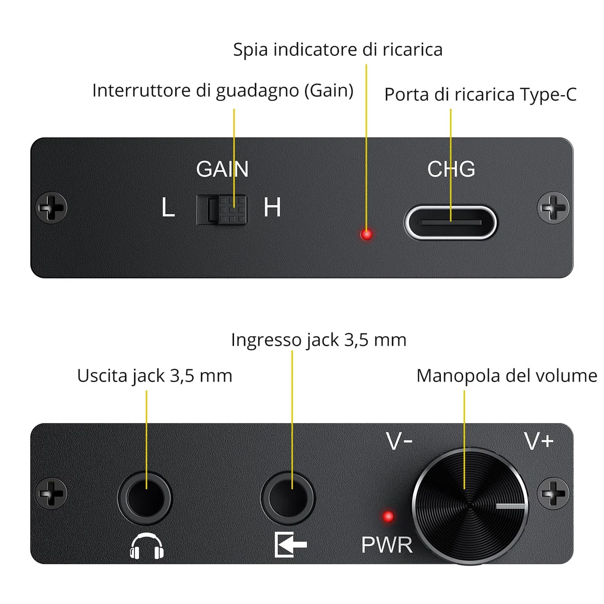 PROZOR HiFi Amplificatore per Cuffie da 16-300Ω Portatile, con Interruttore Gain, Amplificatore per Cuffie da 3,5 mm Ricaricabile USB-C AMP Design in Alluminio Compatibile con Smartphone, PC, MP3/4