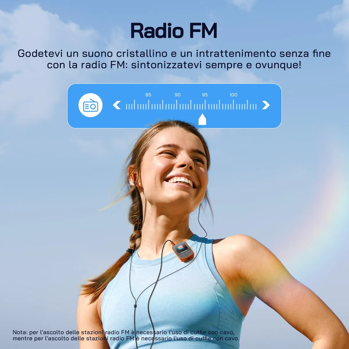 WOLFANG Lettore MP3 con Bluetooth 5.2, clip sportiva, formato mini, peso 28,3 g, radio FM HiF, registratore vocale, auricolari inclusi, arancione