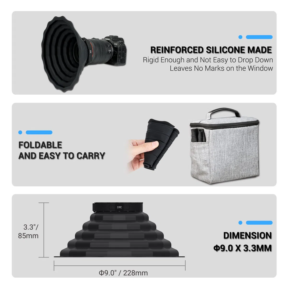 [Versione aggiornata] JJC Paraluce in silicone anti riflessione per Canon Nikon DSLR fotocamera diametro esterno. 73 mm ~ 88 mm, accessorio fotografico per finestra in vetro - L