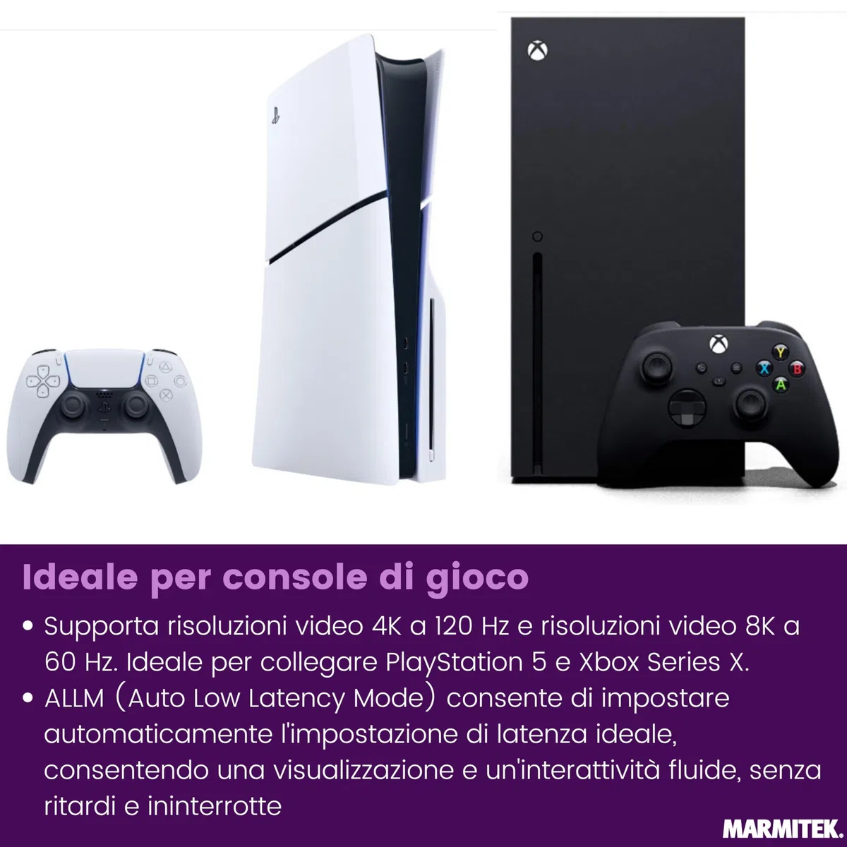 Switch HDMI 8K60 Marmitek AS28-4K120 gaming fluido - HDMI 2.1 2 ingressi 1 uscita - 48 Gbit/s VRR ALLM QMS QFT - commutazione automatica - selettore HDMI