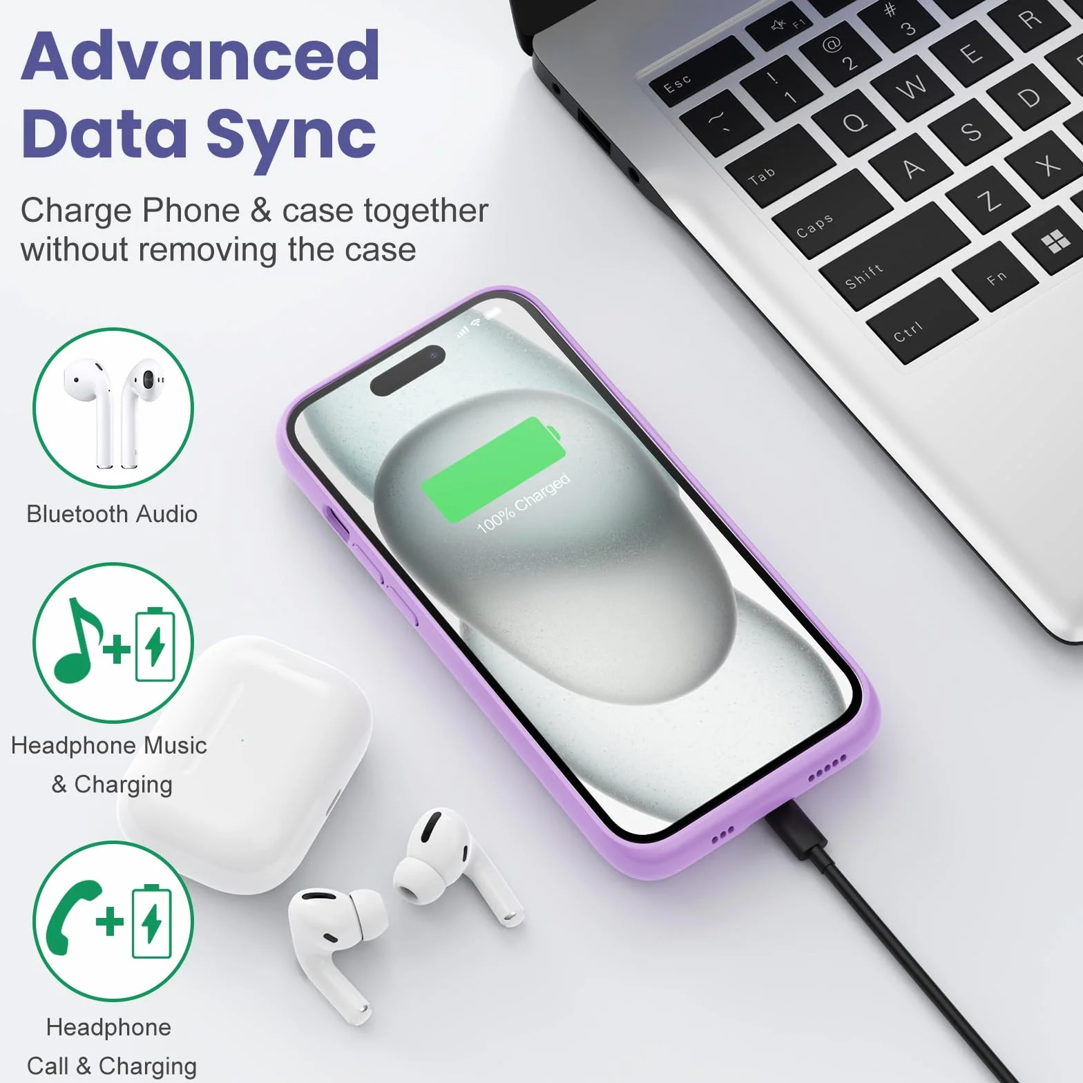 Feob Cover Batteria per iPhone 15 Pro (6,1"), 7500mAh 15W Cover Ricaricabile Battery Case Custodia Batteria Caricabatterie Power Bank per iPhone 15 Pro (6,1") Backup Charger Case-Viola