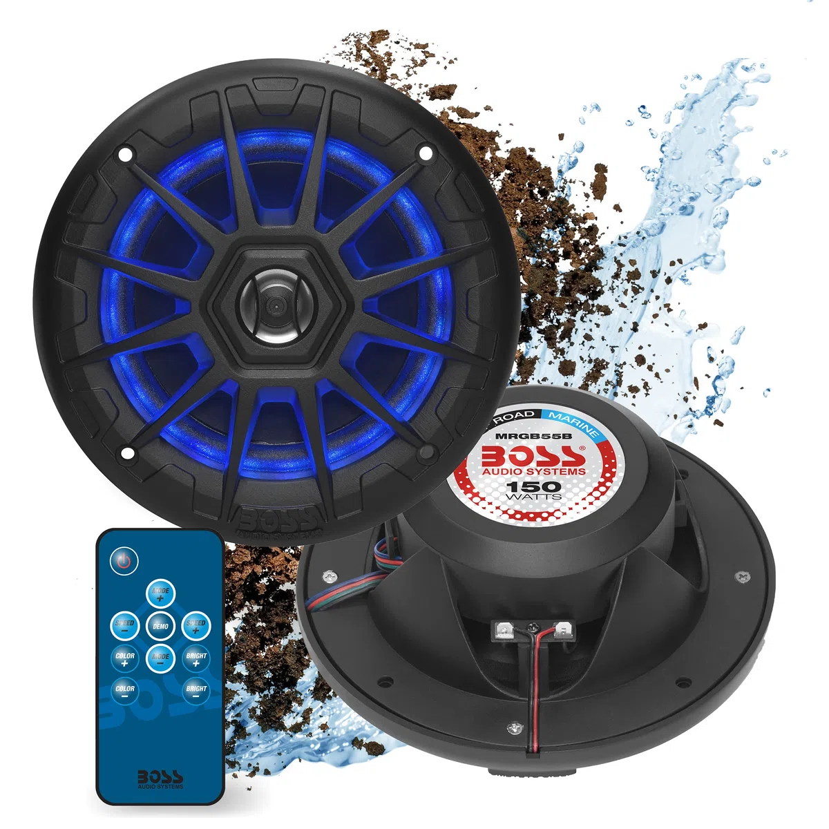 BOSS Audio Systems MRGB55B - Altoparlanti marini da 5,25", resistenti alle intemperie, 150 Watt per coppia, 75 Watt ciascuno, illuminazione multicolore, gamma completa, 2 vie, venduti in coppia