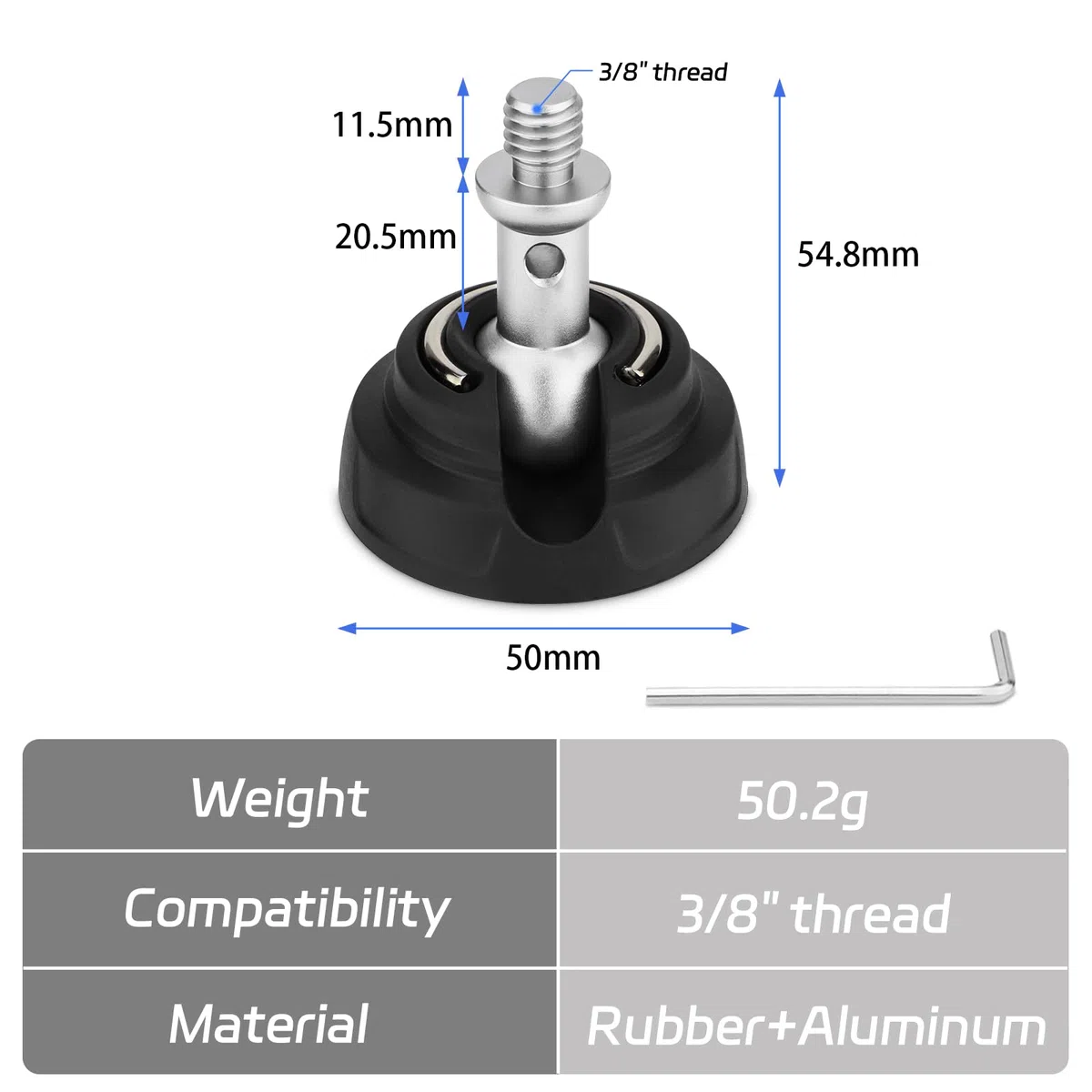 Set di 3 piedini per treppiede in gomma con viti da 9,5 mm, filettatura antiscivolo universale per fori per viti da 9,5 mm, larghezza 50 mm