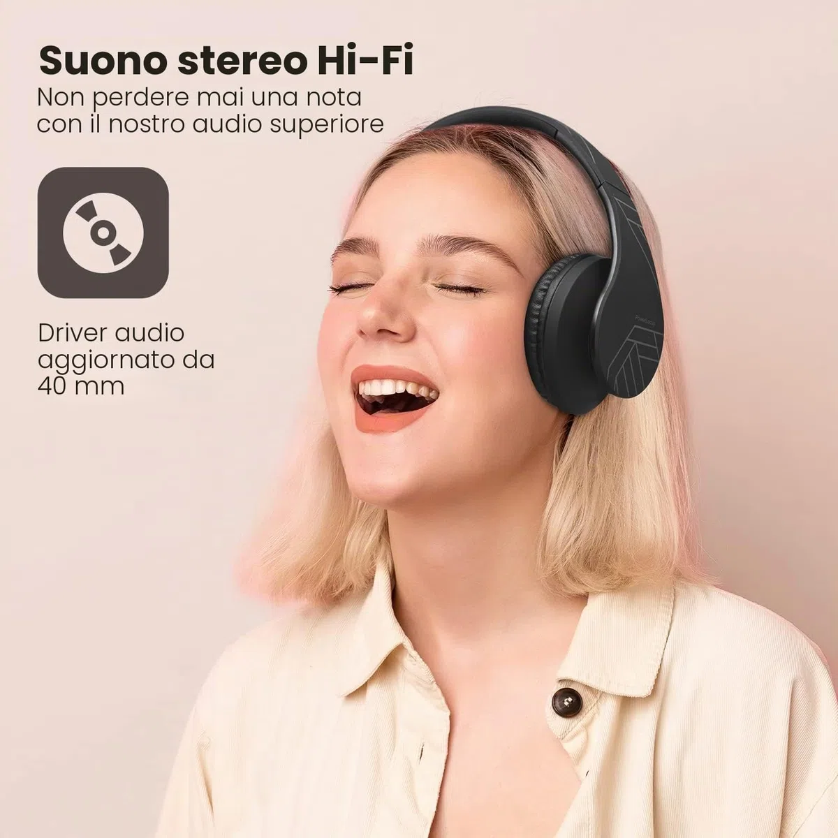 PowerLocus Cuffie Bluetooth Over Ear, Cuffie Wireless Bluetooth 5.3, Hi-Fi Stereo Suono, Senza Fili con Microfono, Pieghevoli, Micro SD/TF, FM Radio per Viaggio/Telefono/PC/Ufficio (Nero)