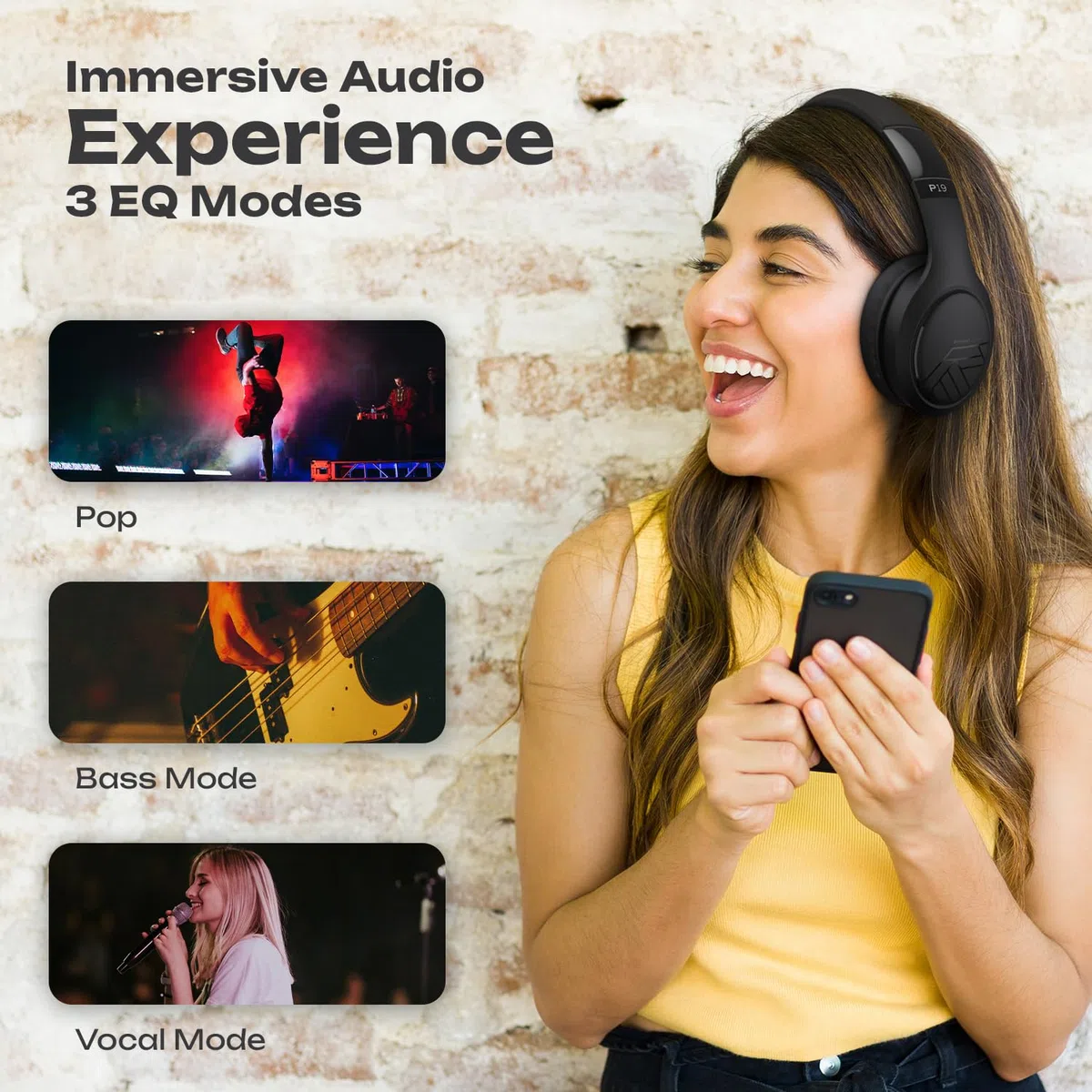 PowerLocus Cuffie Bluetooth, Cuffie Over-Ear con 60 ore di riproduzione, 3 - modalità di EQ, Cuffie Wireless Pieghevoli, Cuffie con Microfono, Hi-Fi Bassi Profondi per Viaggio/Android/Corso Online
