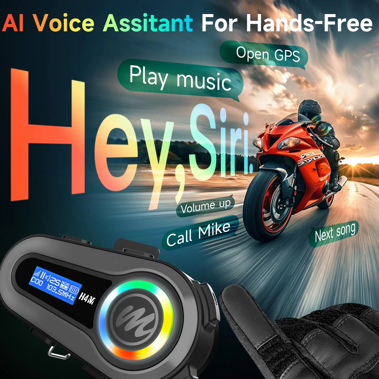 Moman H4M Casco da Moto con Display LCD e 6 Modalità EQ - Casco da Moto con Chip 5.3 con Stereo HiFi FM Radio AI - Assistente vocale - Impermeabile IPX6