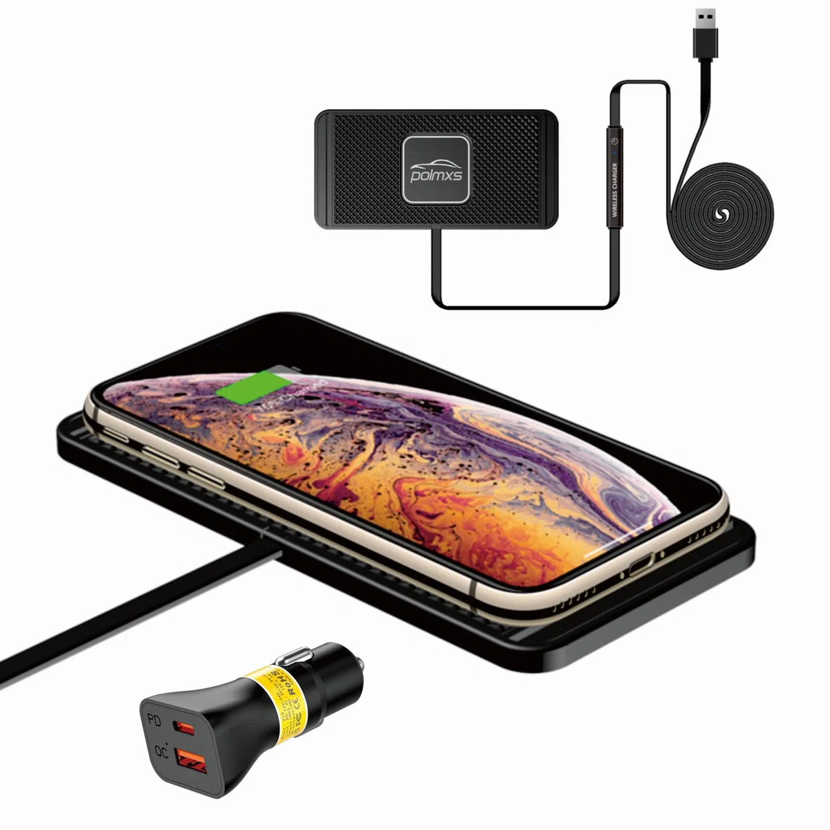Polmxs Caricabatterie Wireless da Auto, 15W DIY Caricabatterie Wireless Antiscivolo Pad con Caricabatterie da Auto QC 3.0 Compatibile con Airpods iPhone 14 13 12 Pro 11 X, Samsung S22 S21 S20(1M)