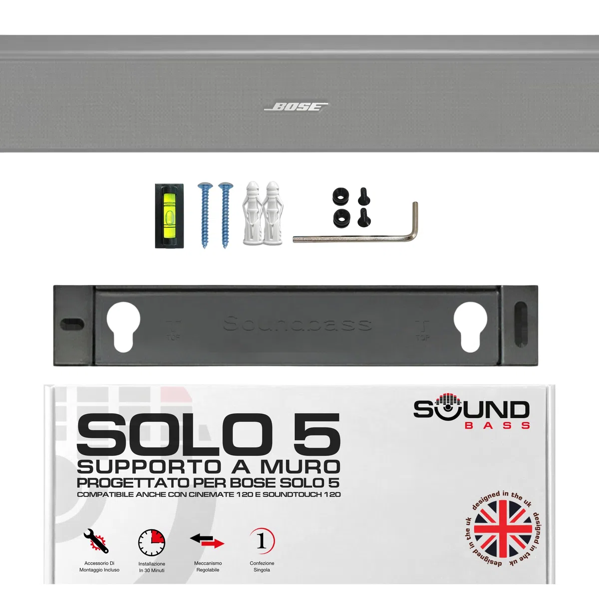 Solo 5 Supporto da Parete per Bose Solo 5 Sound Bar, Compatibile con la Solo Soundbar 2 Sound bar Series II, Kit Completo con Tutto il Materiale di Montaggio, Progettato nel Regno Unito