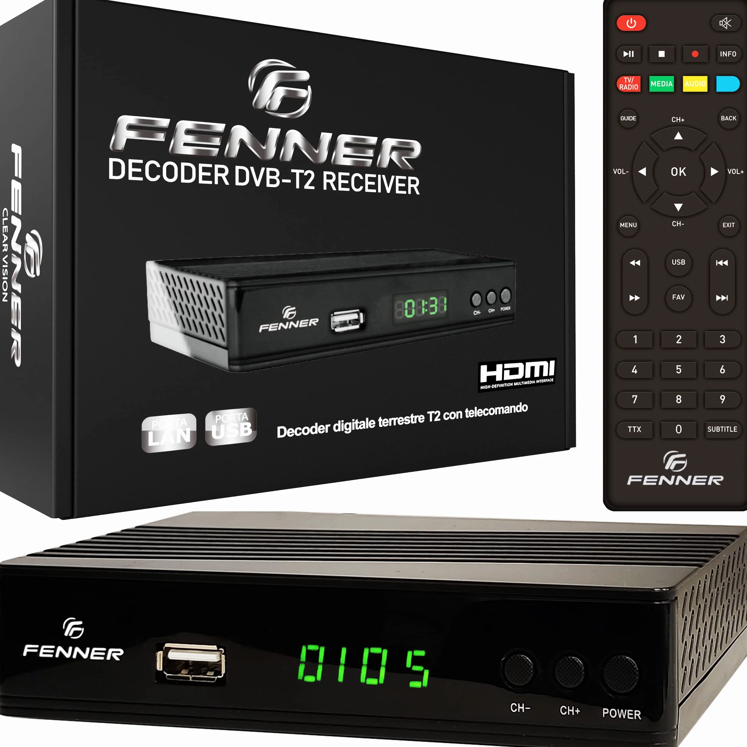 Decoder DVB-T2 HD 1080p SINTONIZZAZIONE AUTOMATICA HDMI HEVC Main 10 Bit H265 DOLBY-DIGITAL+ (aggiornamento disponibile "Manuale di installazione (PDF)" IL DECODER NON REGISTRA