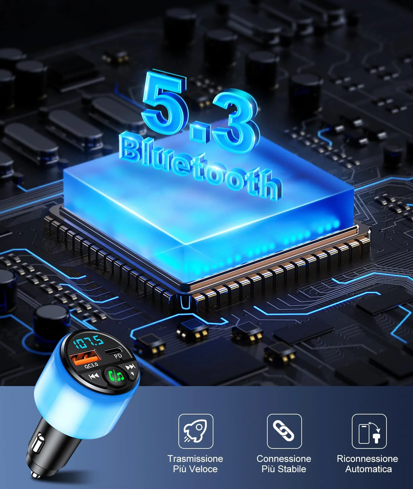 Mohard Trasmettitore FM Bluetooth 5.3 per Auto, PD 30W & QC3.0 18W Ricarica Veloce Bluetooth Vivavoce Auto con Musica/Hi-Fi/Luce, Caricabatterie per GPS Dispositivo Macchina Accendisigari Adattatore