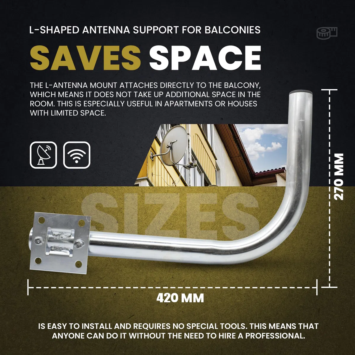 DOJA Barcelona | Staffa per Antenna a L da Balcone | 42 x 27cm | 1 Pezzo | Staffa L | Supporto a L Antenna Esterno | Supporto a L per Satellitare da Balcone | Staffe a L