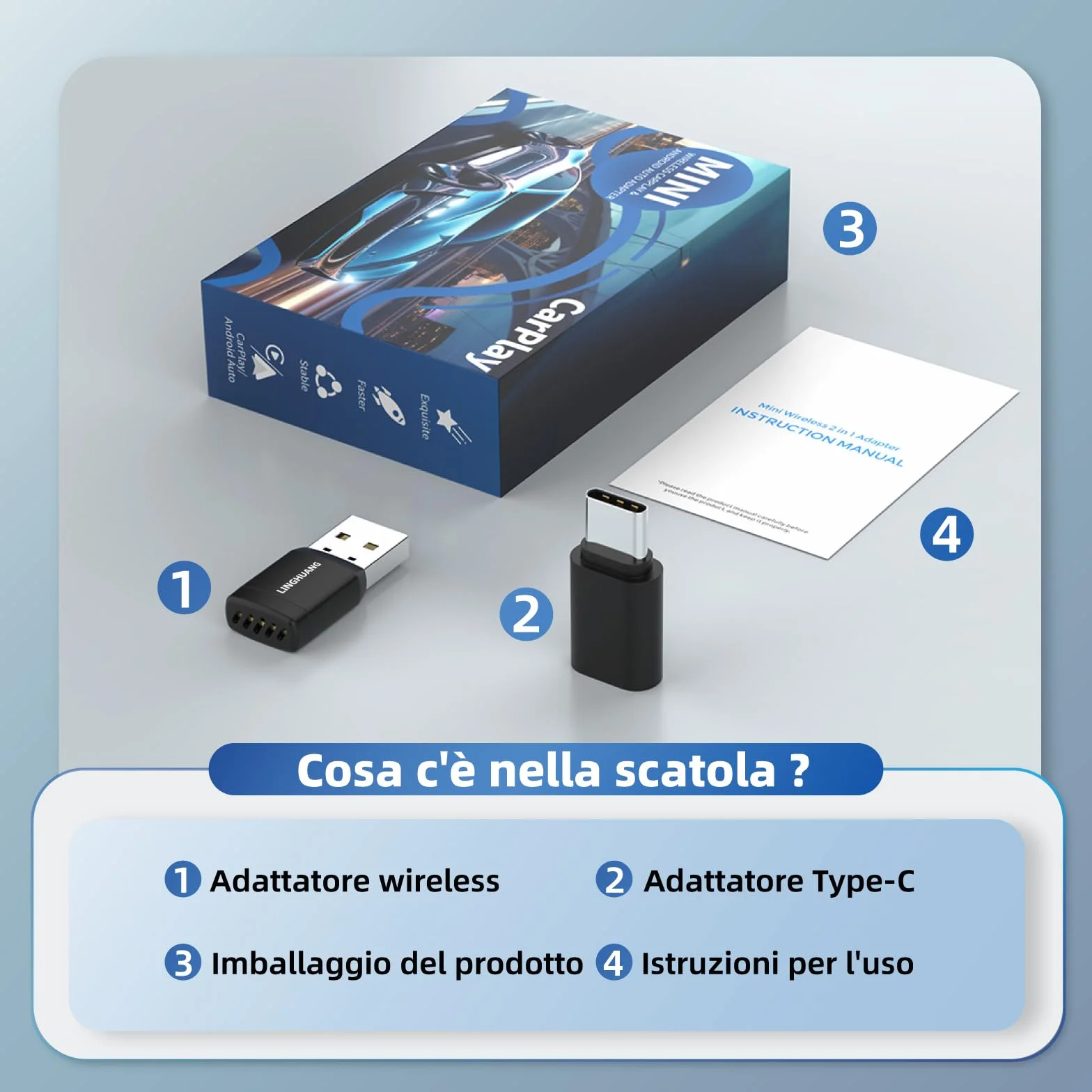 LINGHUANG Adattatore Carplay Wireless & Mini Adattatore Android Auto Wireless, Converte il Cavo in un Senza Fili, Plug & Play, Connessione Veloce e Stabile, Compatibile con iOS 10+ & Android 11+