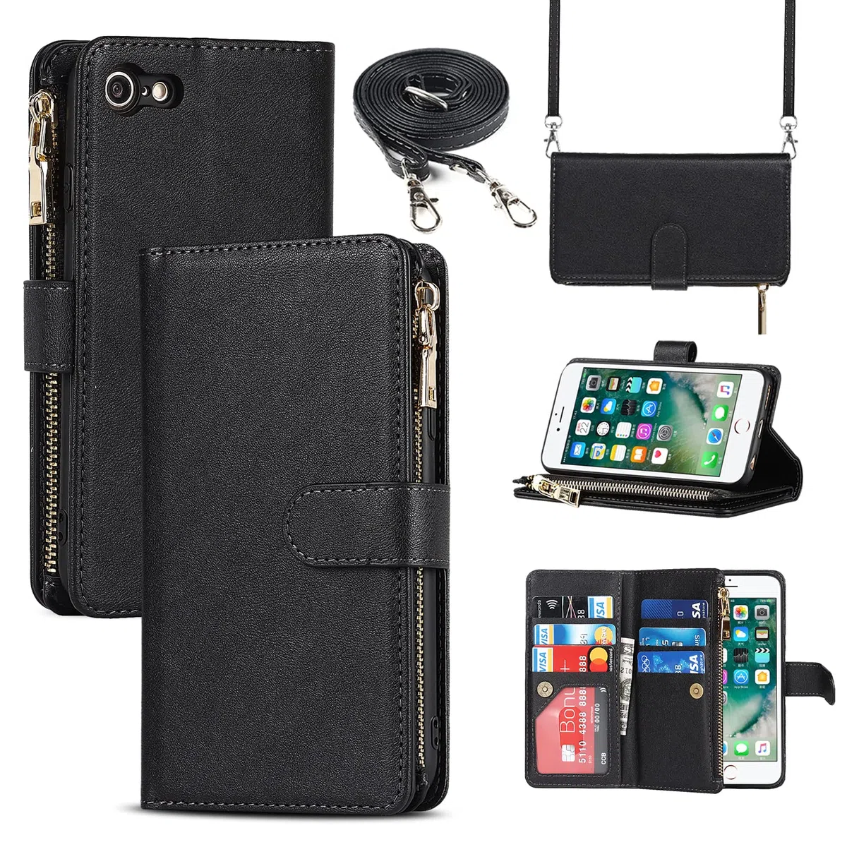 Cavor Cover Compatibile Con iPhone 7/8/SE 2020/2022 con Cordino,Flip Portafoglio Custodia pelle,[9 Porta Carte][Magnetico],Custodia Cover con Laccio Compatibile Con iPhone 7/8 - Nero