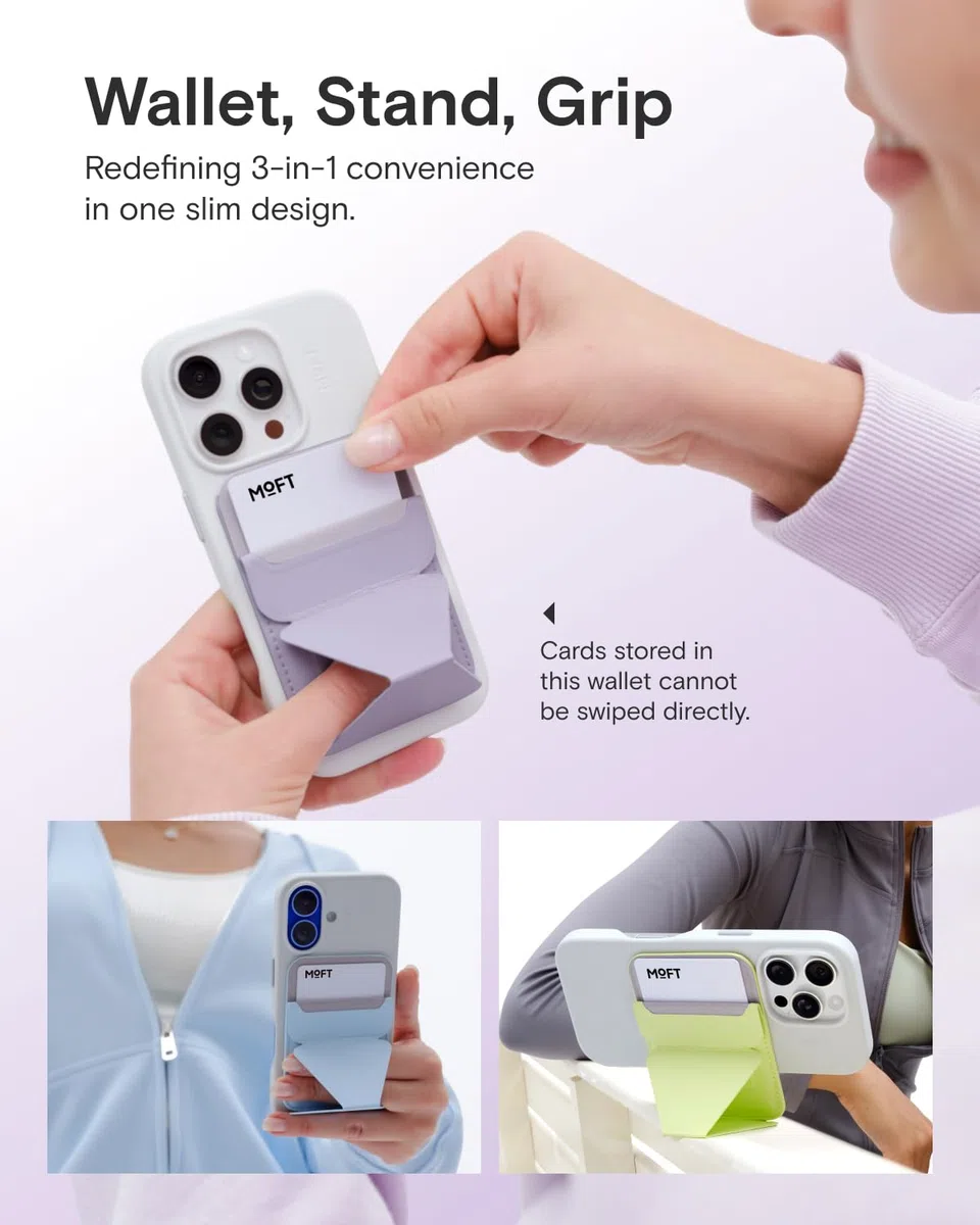 MOFT MagSafe Portafoglio Supporto per iPhone Serie 16/15/14/13 Compatibile con MagSafe, MOVAS Pelle Vegana Supporto Magnetico per Telefono con 3 Angoli di Visione, 2 Porta Carte (Nebbia Lenitiva)