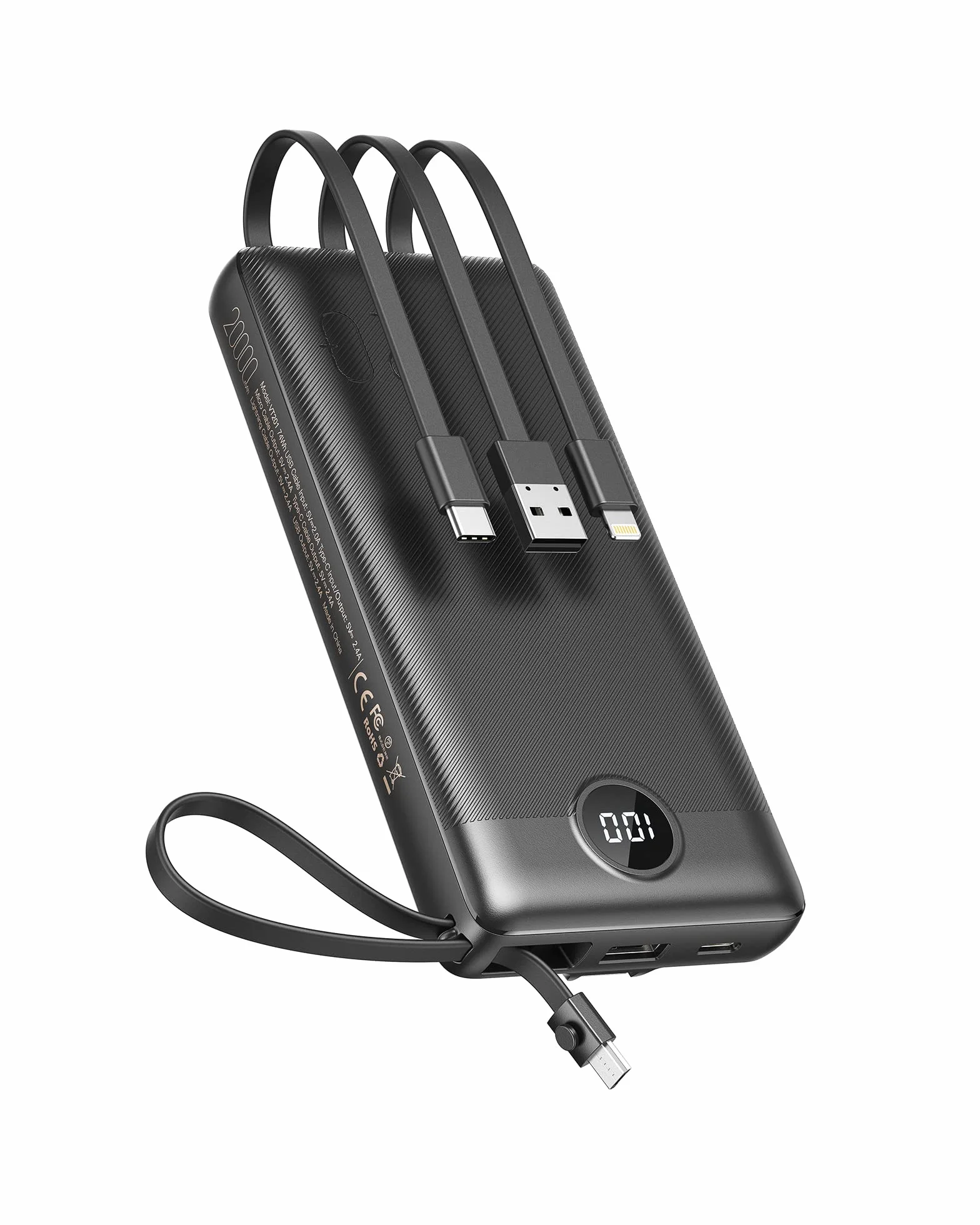 VEEKTOMX Power Bank 20000mAh Powerbank con Cavi Integrati Caricatore Portatile USB C Batteria Esterna con 5 Uscite e 2 Ingressi Compatibile con iPhone Huawei Xiaomi (20000mAh-Nero)