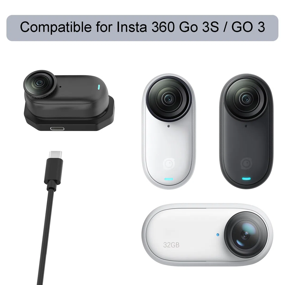 Stazione di ricarica per Insta360 Go 3/Go 3S Caricabatterie di ricambio (2 cavi USB-A e Type-C)