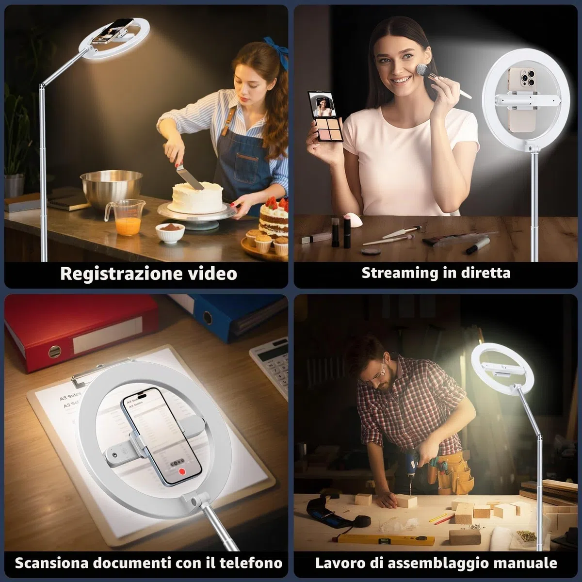 yAyusi Senza Fili Luce ad Anello con Supporto Cellulare, 174 cm Pieghevole Ricaricabile Supporto per Ring Light per Fotografia Dall'alto per Registrazione Video, Fotografia, Streaming Live, TikTok