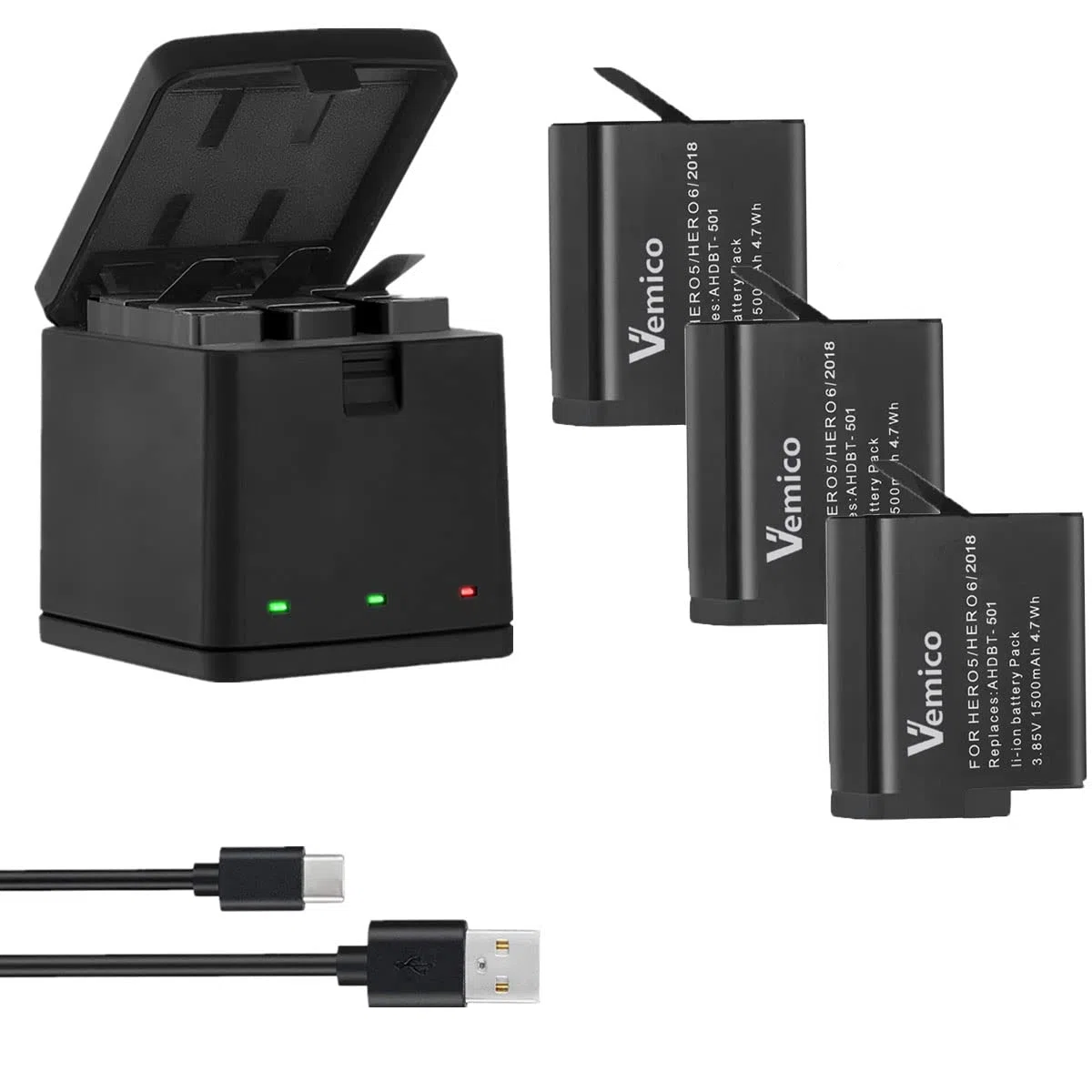 Vemico Hero 7/6/5 Batteria Caricabatterie Kit 3 Pack 1500mAh Batterie Ricambio Tipo-C LED 3-Canali Caricabatterie per Hero 7 Black/Hero 6/Hero 5 Black/Hero 2018 (Compatibile con L'originale)